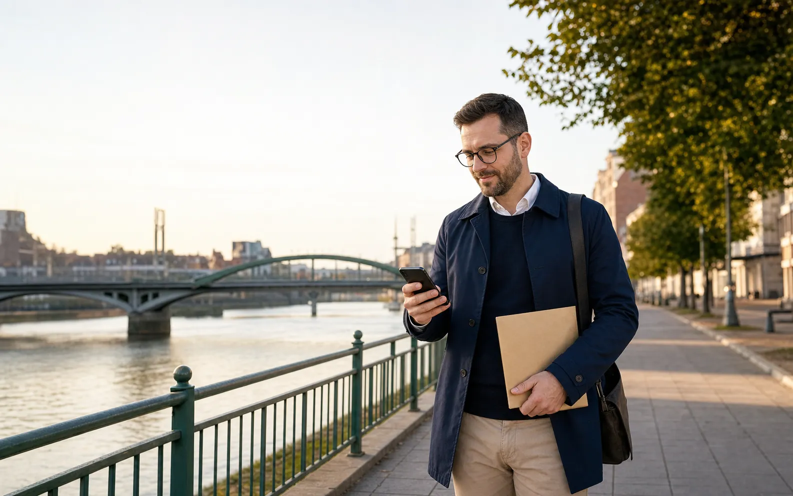 Klient ze Słubic sprawdza dokument podatkowy na telefonie nad Odrą