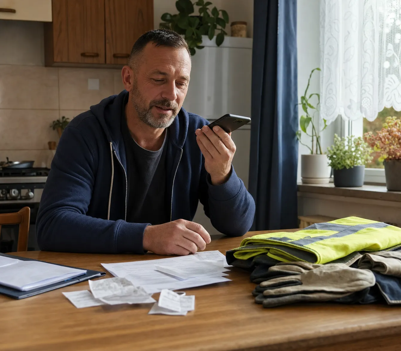 Mieszkaniec Sulęcina omawia telefonicznie dokumenty i koszty związane z pracą na budowie